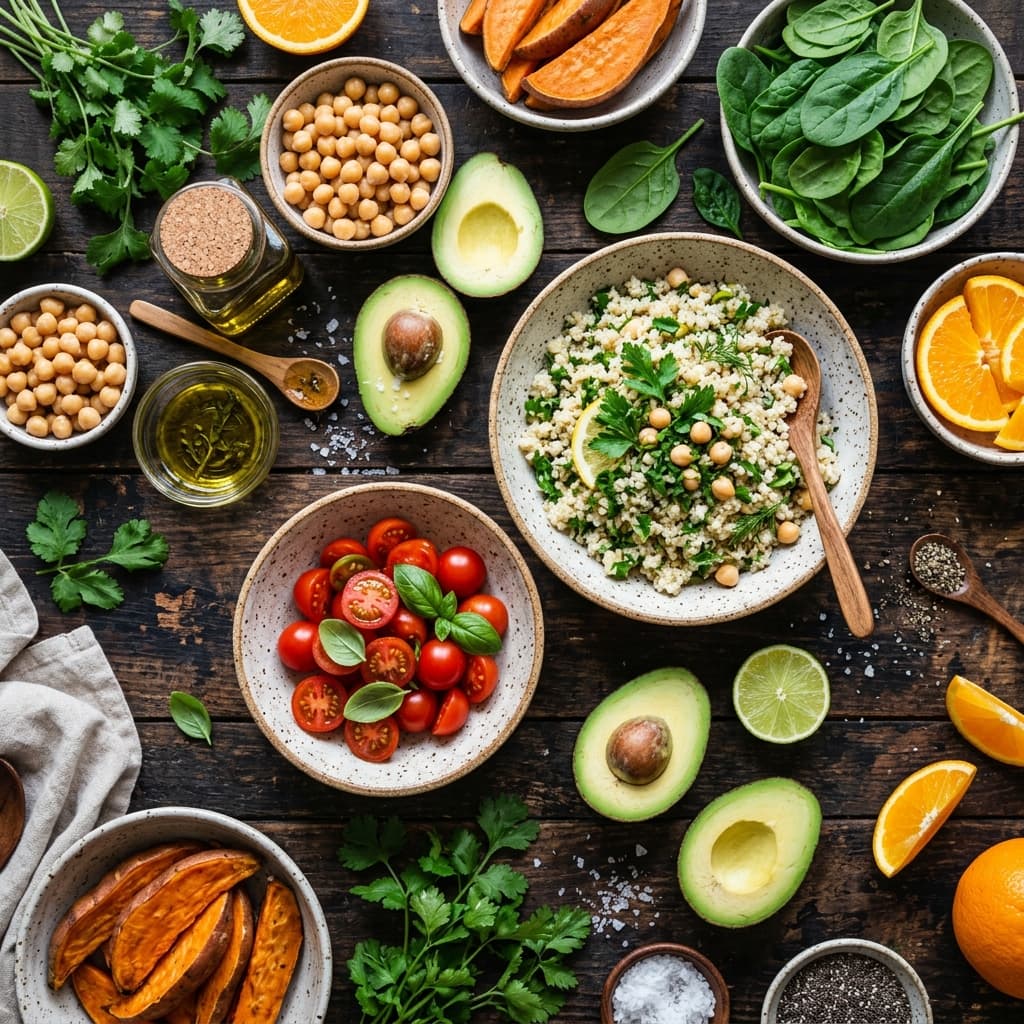 Overhead flat-lay of whole foods, grains, and vegetables in ceramic bowls