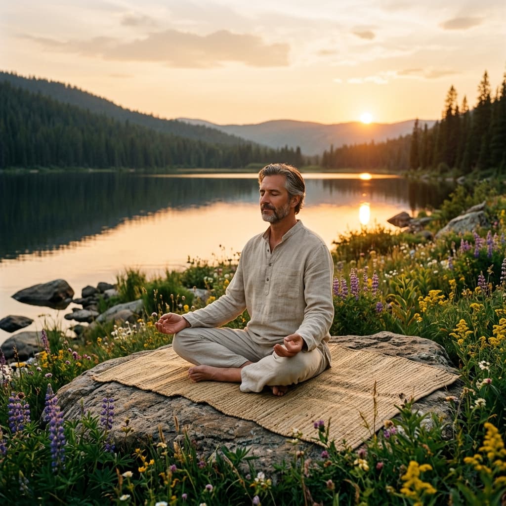 Man meditating in linen clothing at sunset by a mountain lake