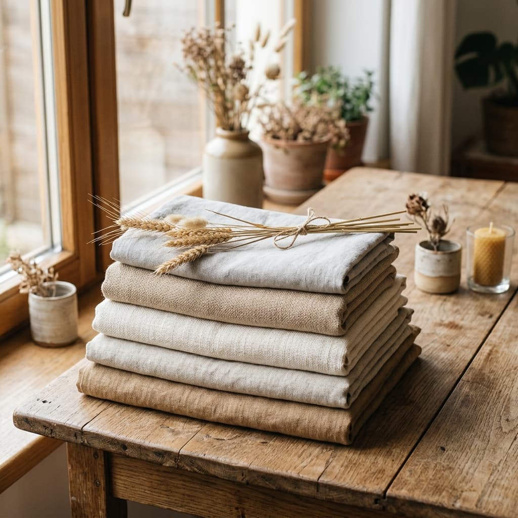Stacked natural linen and cotton fabrics on a rustic wooden table with wheat stalks